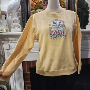Classic Elements Yellow Floral Butterfly Embroidered Sweatshirt Womens Medium
